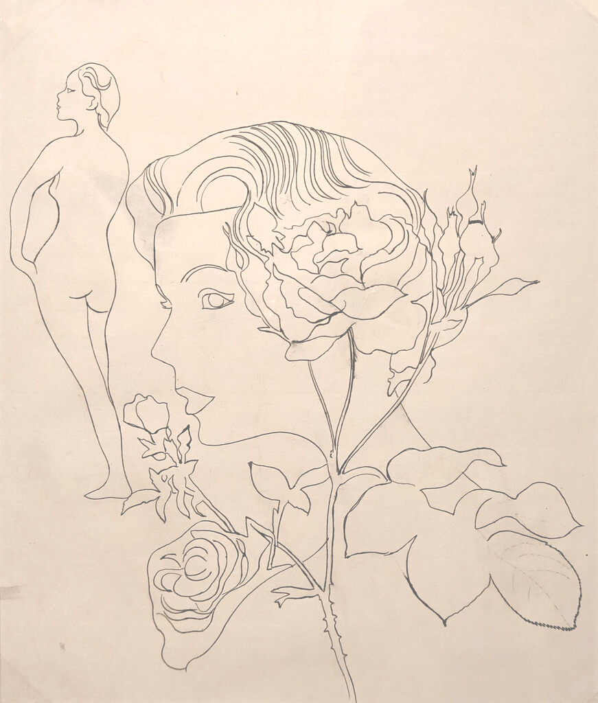 Andy Warhol, Female Head with Flower and Full Figure, 1958