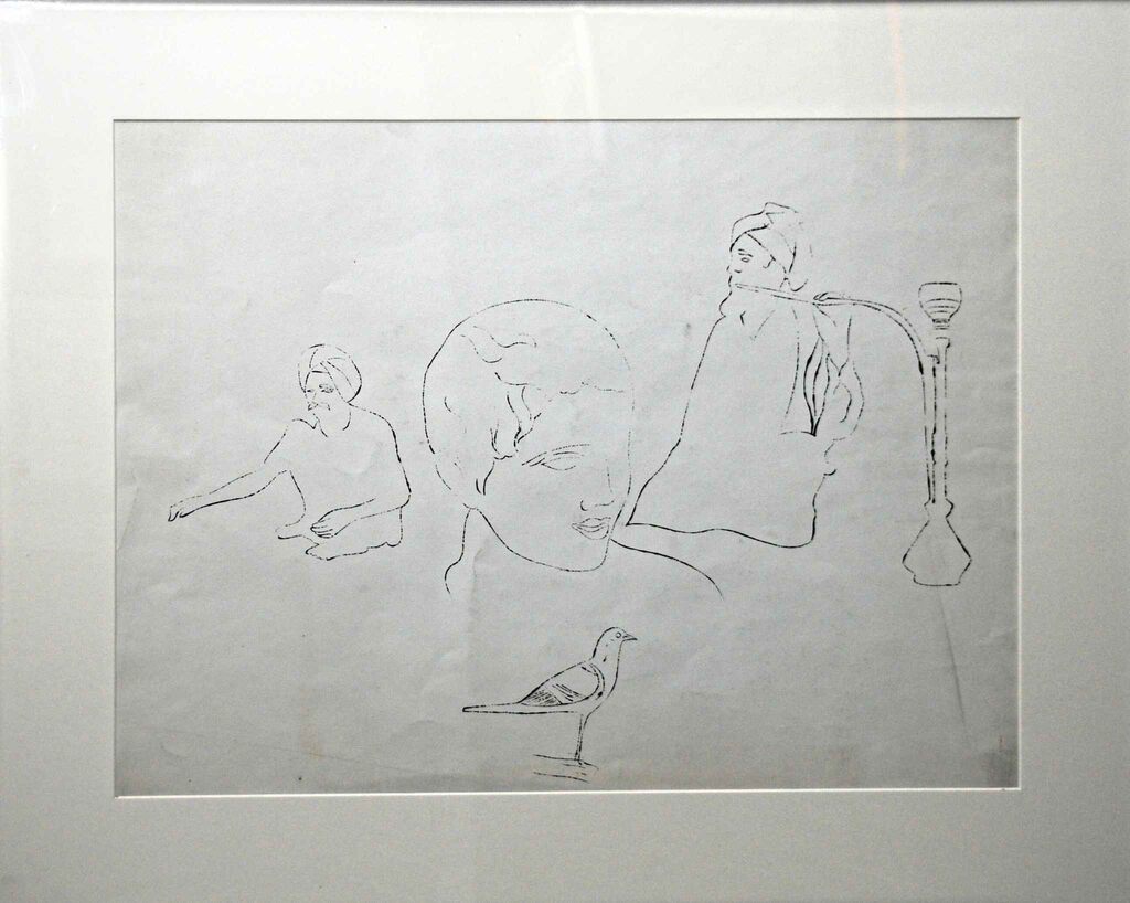 Andy Warhol, Two figures, male head and bird statue, 1970's -80's