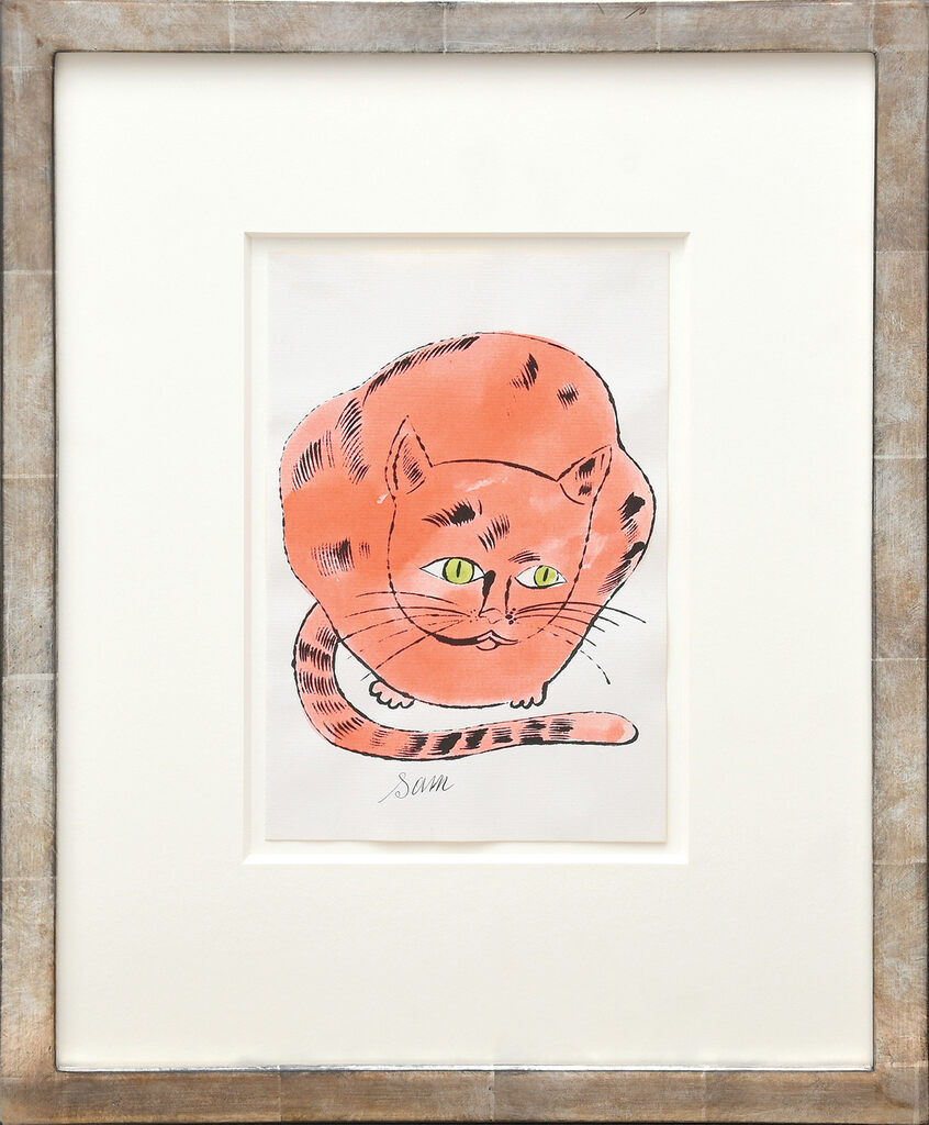 Sam. [Crouching pink cat with green eyes.], image 1