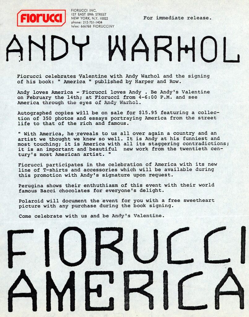 Andy Warhol Fiorucci 1986 Press Release, image 1
