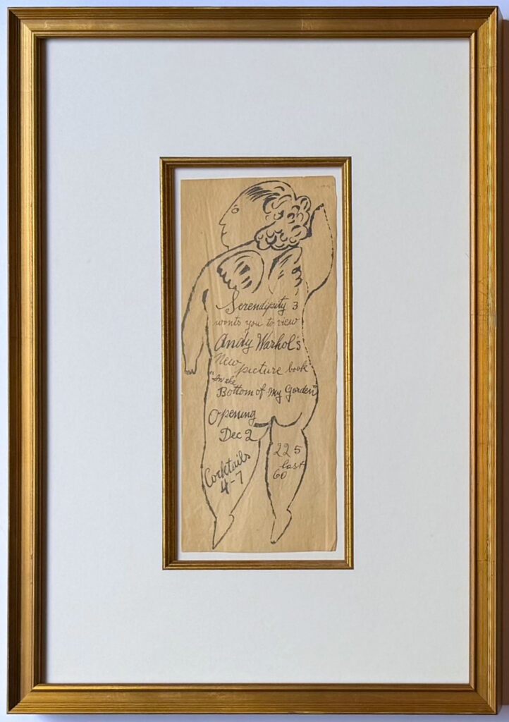Andy Warhol, Andy Warhol - Extremely rare, early hand made invitation to book launch of Warhol's "In the Bottom of My Garden", Serendipity 3, NYC, ca. 1954