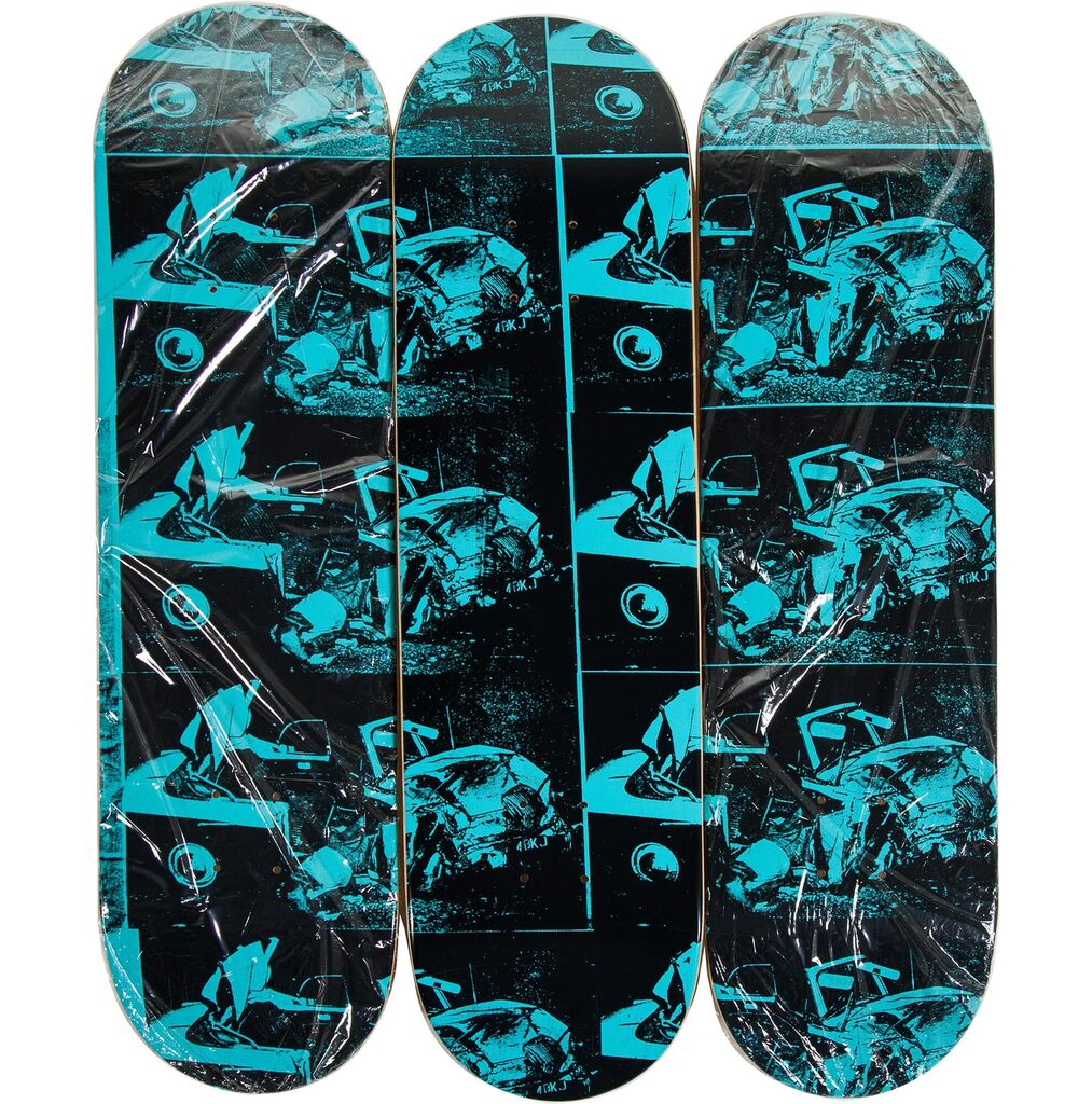Andy Warhol, THE CAR CRASH- TRIPTYCH SKATE DECKS, ca. 2016