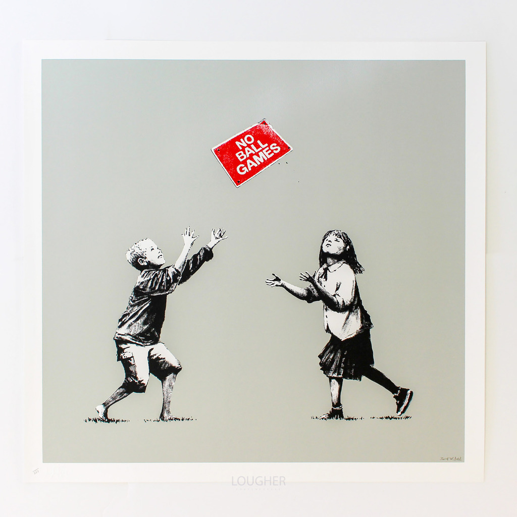 Two children play catch with a red sign reading NO BALL GAMES against a grey background.