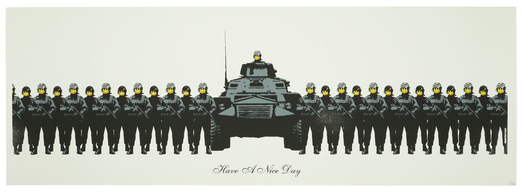 A line of black-and-white officers with yellow smiley faces flanks a dark armoured vehicle, with another figure above it and Have A Nice Day below.