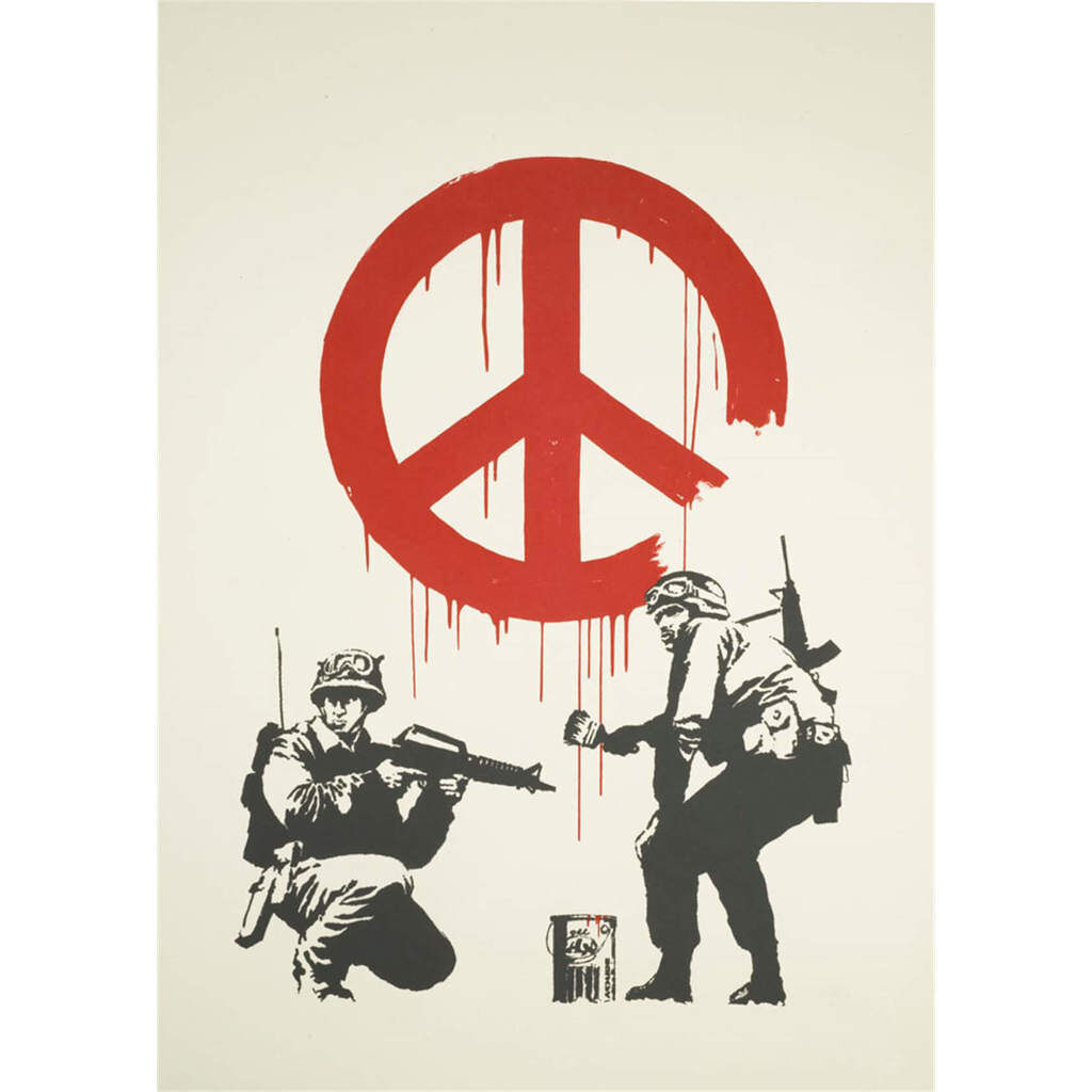 Two soldiers appear beneath a large red peace symbol: one crouches with a rifle while the other holds a paintbrush beside a paint tin.