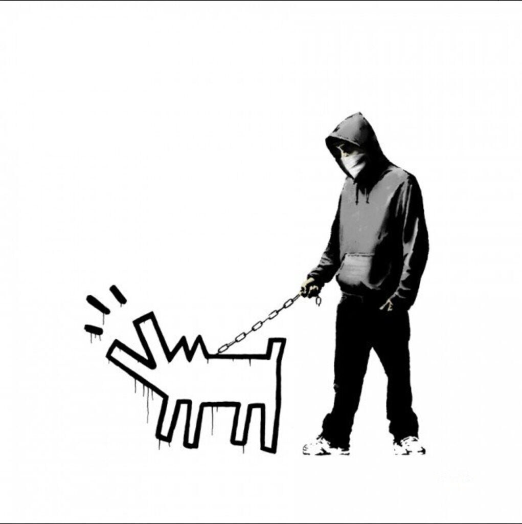 A hooded figure holds a chain attached to a simply outlined barking dog on a white background.