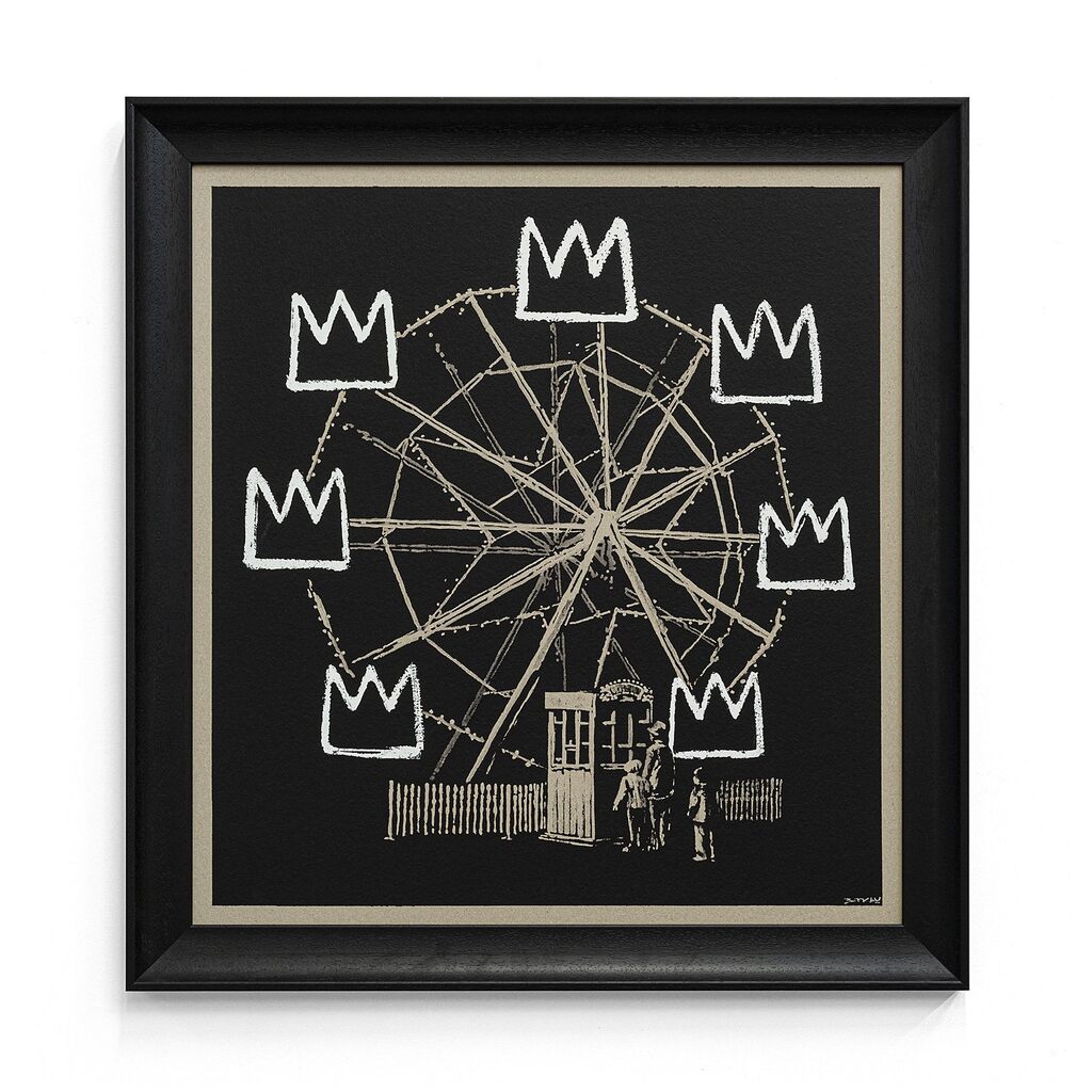 Seven white, three-pointed crowns form a Ferris wheel, with small figures and a booth below, against black.