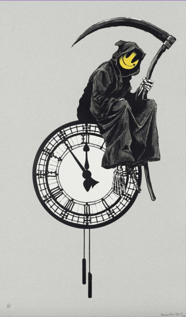 Hooded figure with a yellow smiling face and scythe perched on a clock.
