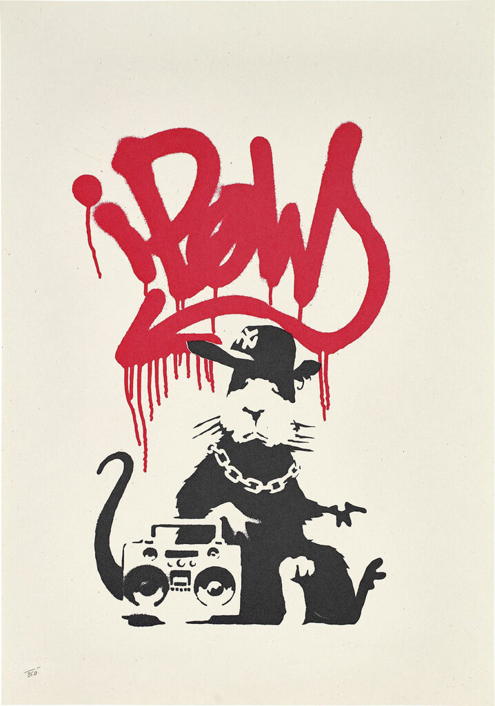 Black rat wearing a cap and chain beside a boombox beneath dripping red graffiti.