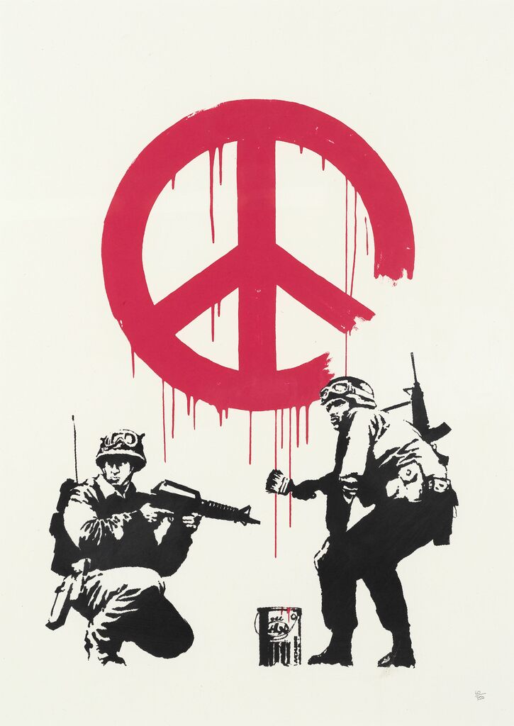 Two armed figures beneath a dripping pink-red peace symbol on cream.