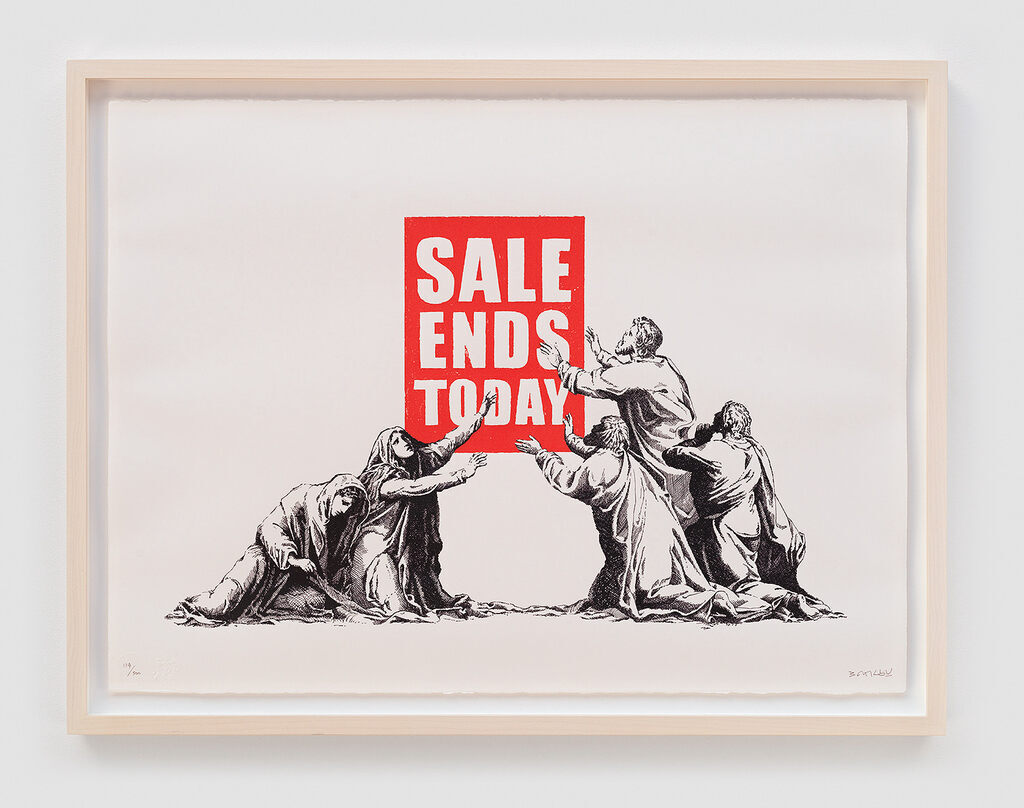 Imagen enmarcada de figuras arrodilladas con túnicas que se extienden hacia un cartel rojo de "Sale Ends Today" (La oferta termina hoy).