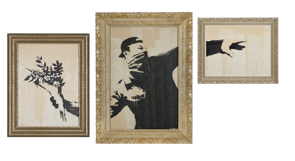 Three ornate frames divide a monochrome bouquet-throwing figure across separate views of flowers, torso and outstretched hand.