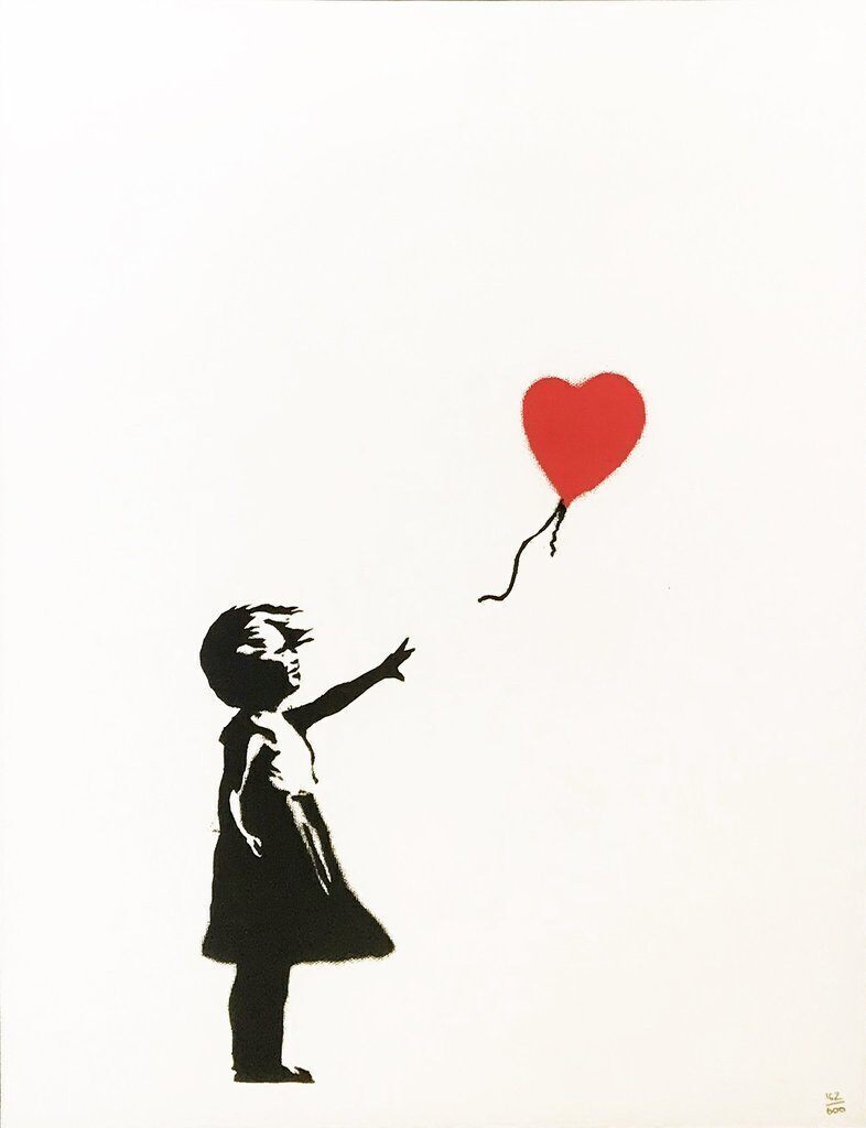 A black-and-white girl stands with one arm outstretched; a red heart-shaped balloon floats above and to her right, its loose string clear of her hand.