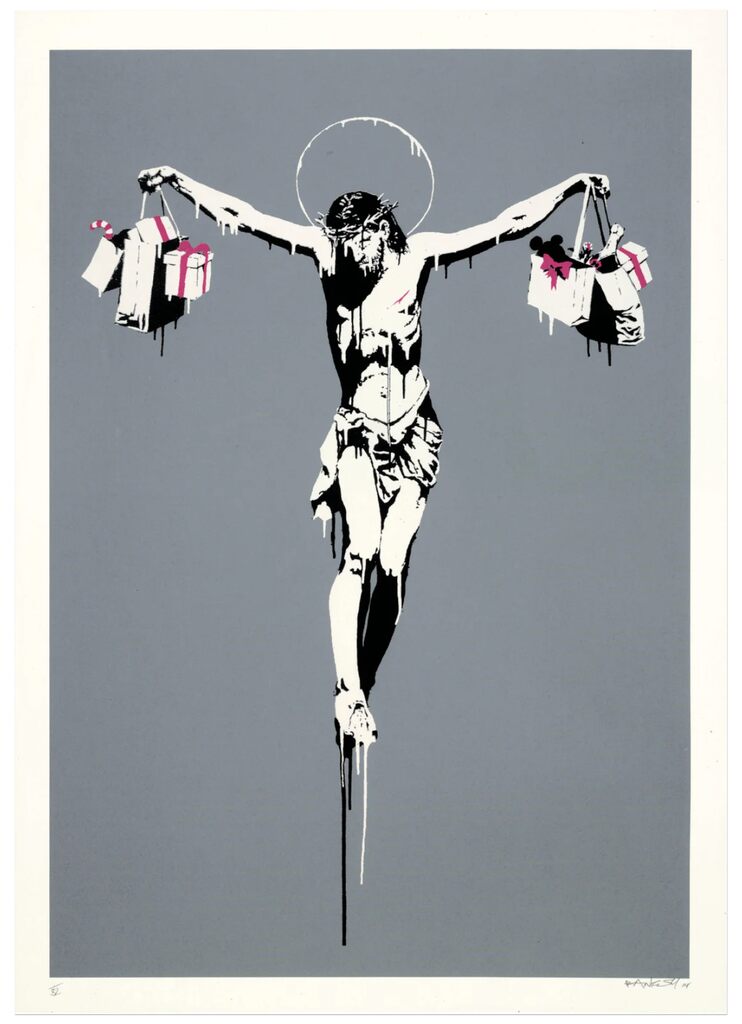 Figure with outstretched arms holding shopping bags on a gray background.