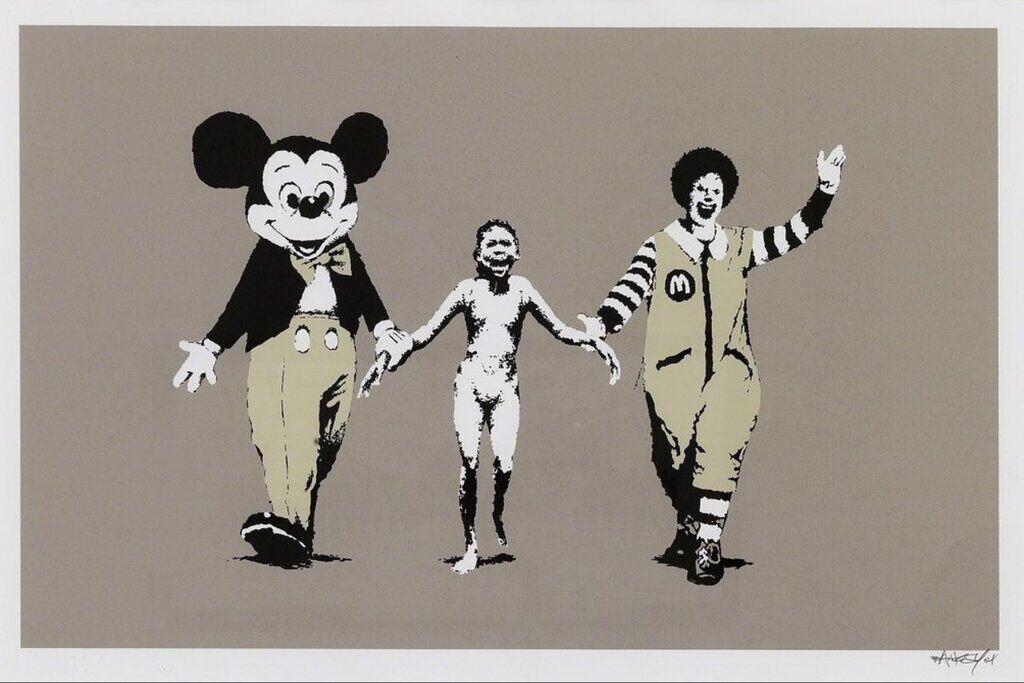 A cartoon mouse and smiling clown hold the hands of a smaller unclothed figure between them, against a grey background.