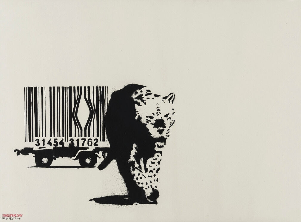 A black-and-white leopard walks out in front of a wheeled cage whose bars form a barcode, with a gap in the bars behind it.