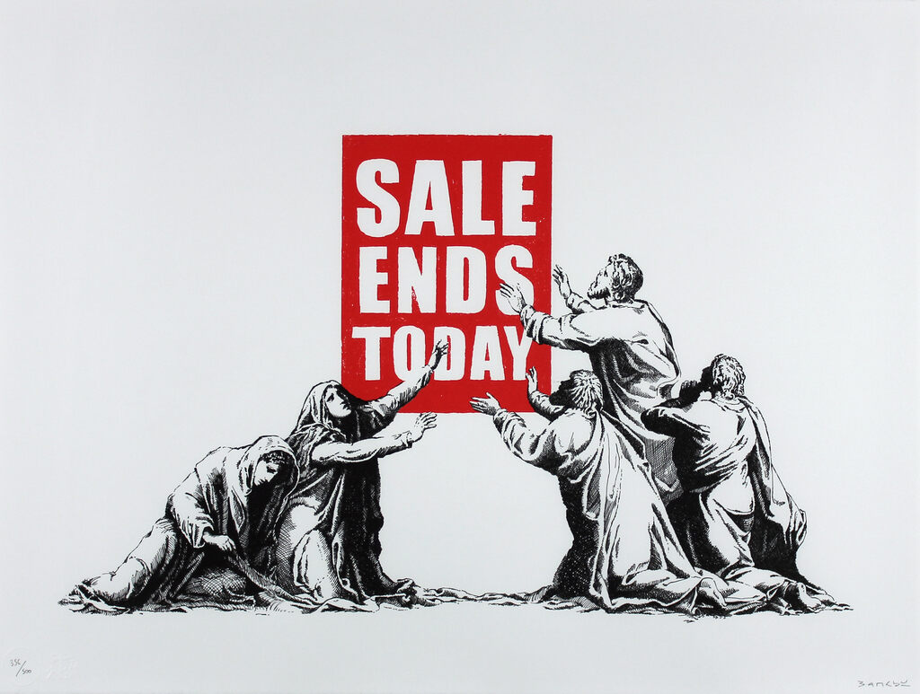 Figuras con túnicas se arrodillan y extienden la mano hacia un cartel rojo que dice Sale Ends Today.