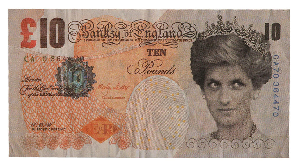 A woman wearing a tiara, earrings, and a necklace appears beside £10 and ornate Banksy of England lettering on a cream and orange note.