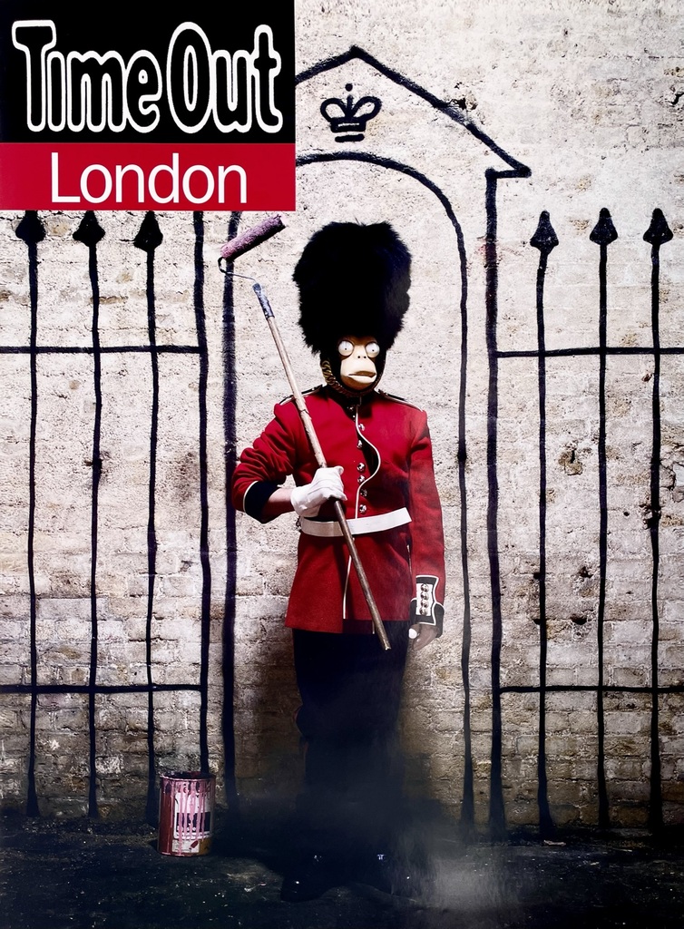 A Time Out London cover shows a red-uniformed guard with a dark animal-like face beside iron railings.