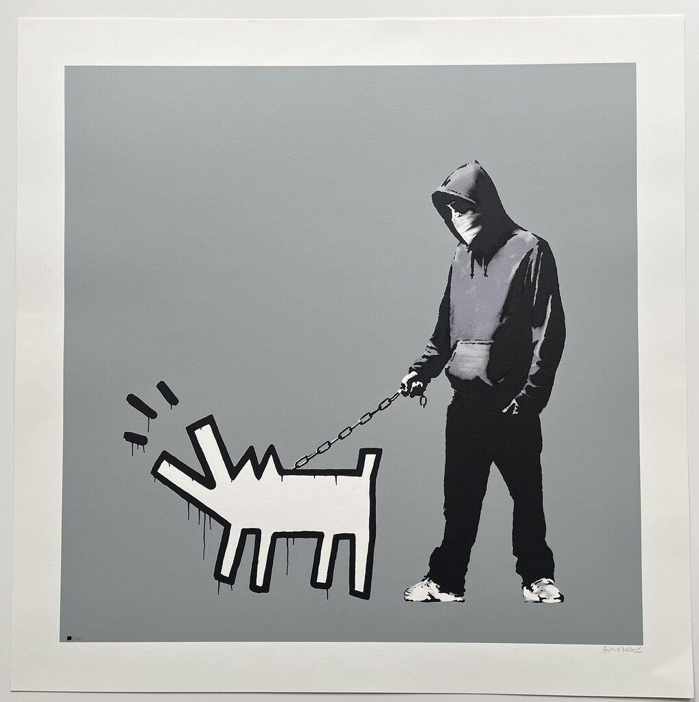 Hooded figure holds a chained white outlined dog against grey.