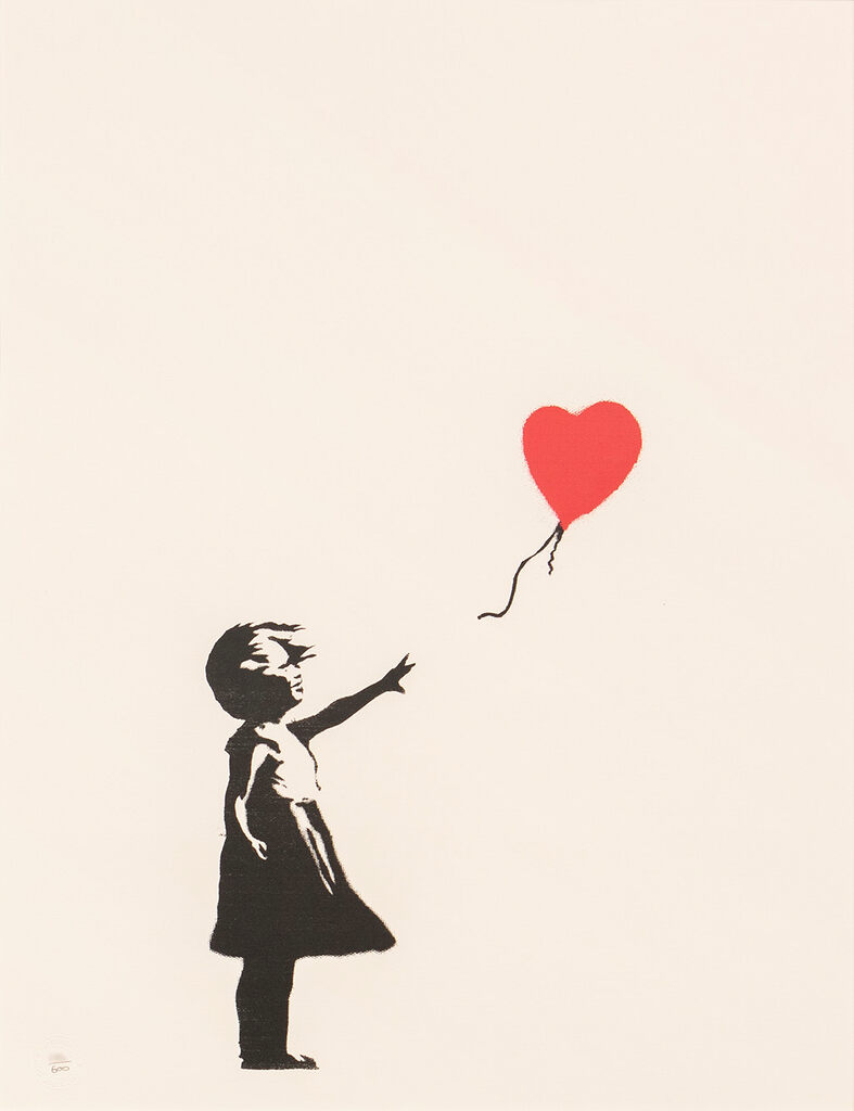 Black girl silhouette reaches toward a red heart balloon on cream.