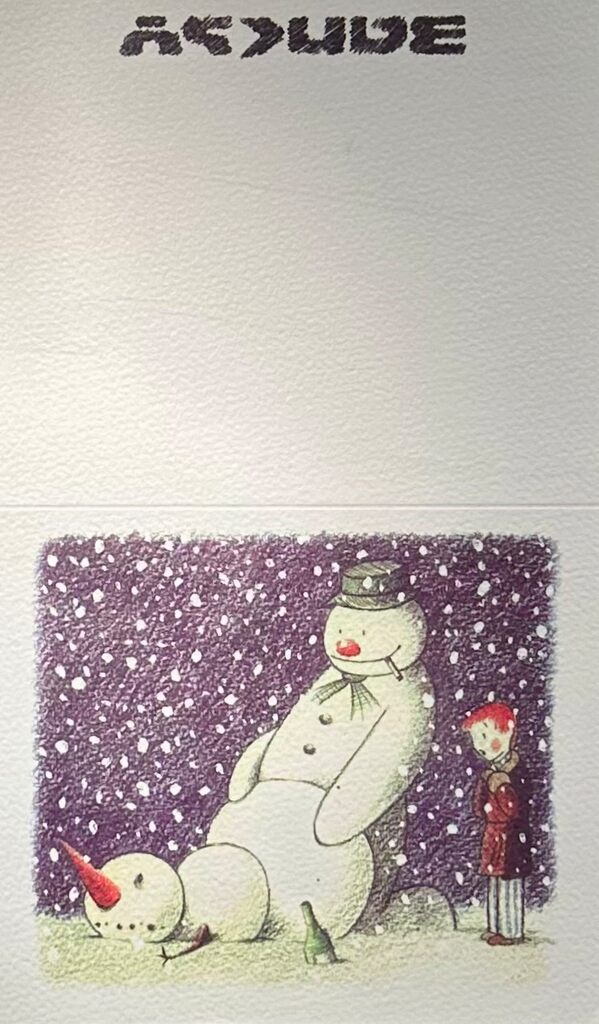 Folded card with a snowy illustration of a snowman standing over another snow figure.