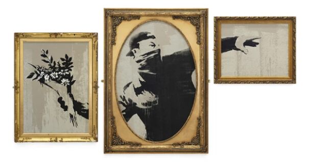 Three gold frames showing a bouquet, masked flower thrower and outstretched hand.