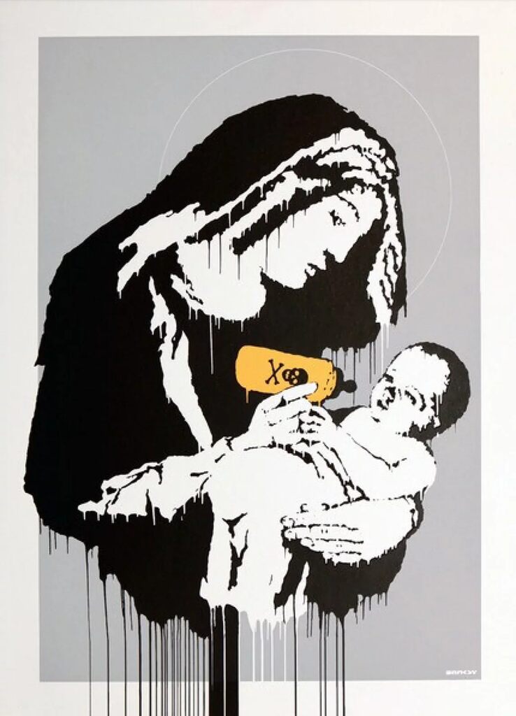 A veiled woman holds a baby and a yellow bottle in a dripping black-and-white stencil on grey.
