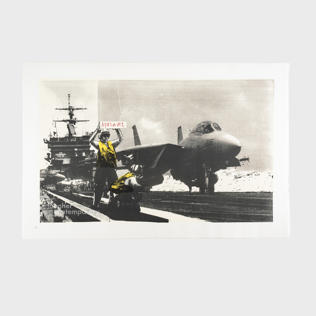 A monochrome aircraft-carrier scene with a fighter jet and a foreground figure accented in yellow.