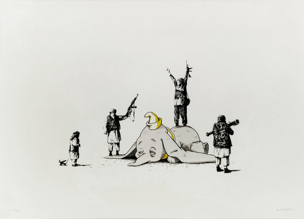 Armed figures surround a fallen cartoon elephant with yellow accents.