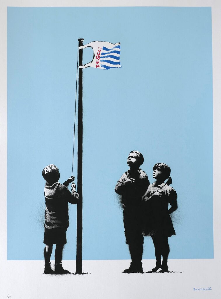 Three children stand beneath a Tesco carrier bag flying from a flagpole against blue; one holds the rope while the other two place hands against their chests.