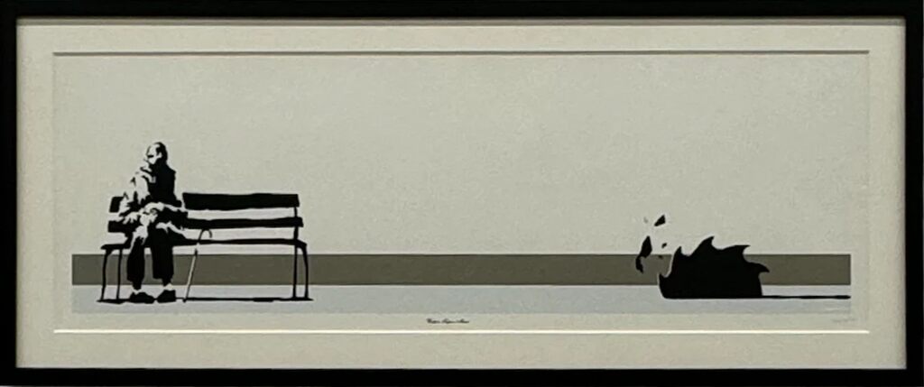 Long black frame containing a seated person on a bench facing a dark shape.