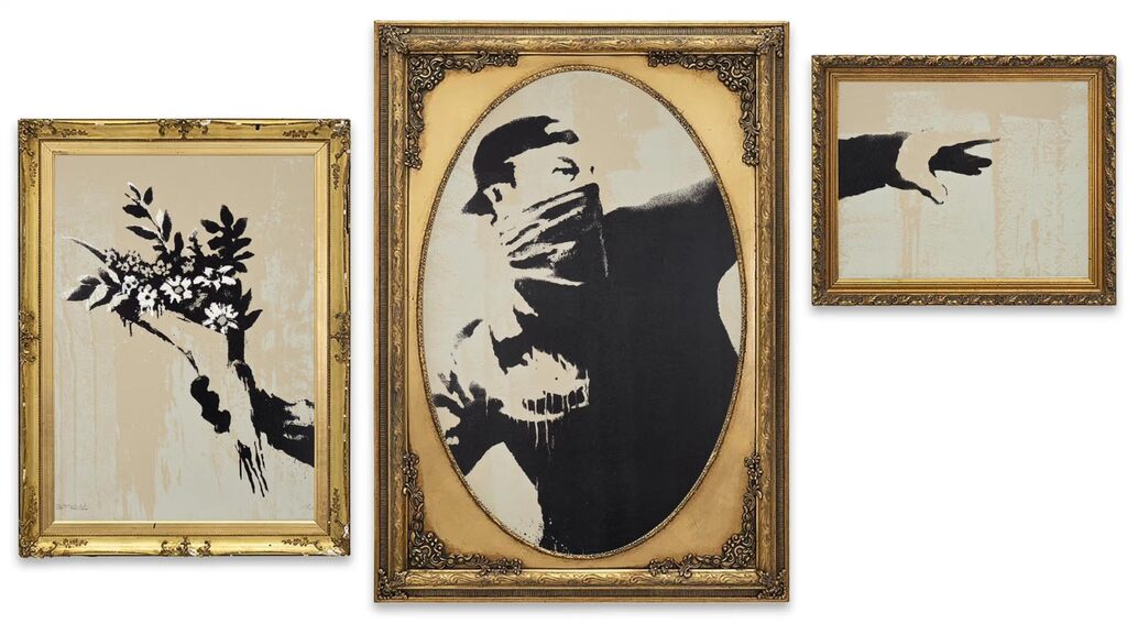 Three gold-toned frames divide a bouquet-throwing figure into flowers, masked torso and outstretched hand.