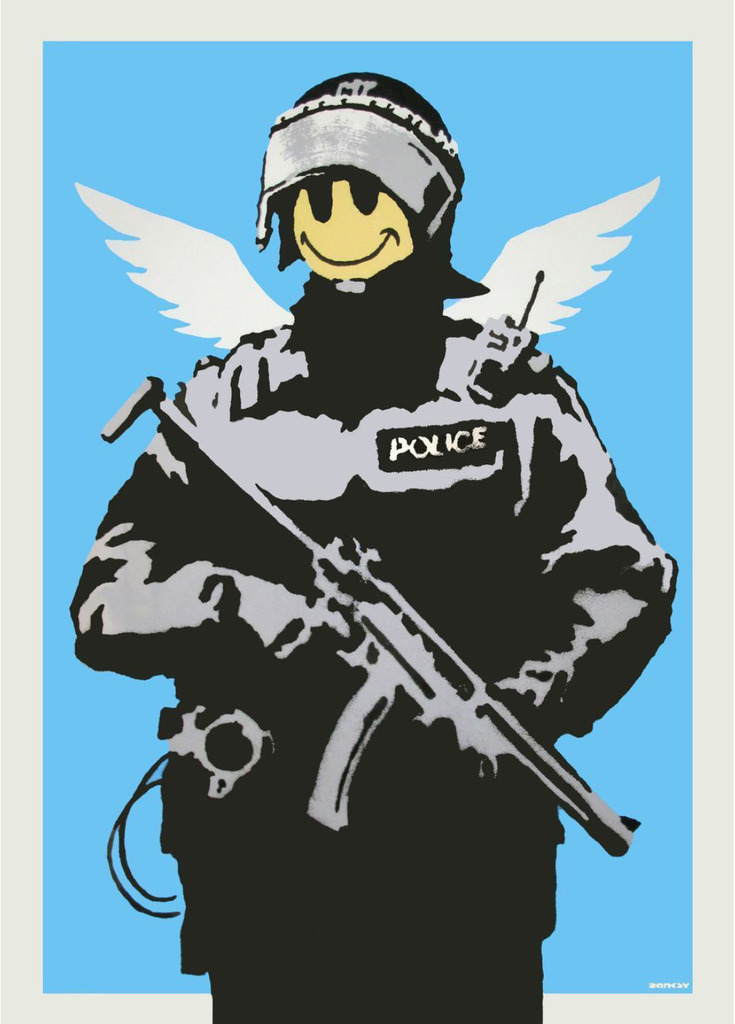 Armed police figure with white wings and a yellow smiling face on blue.