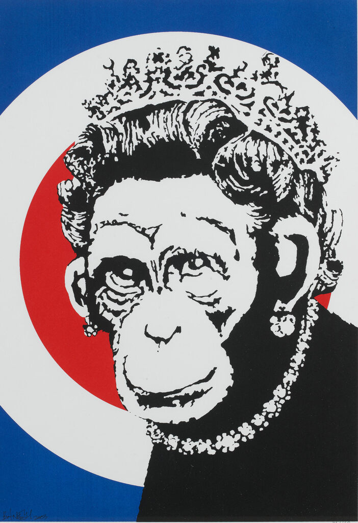 Crowned chimpanzee portrait against concentric red, white and blue shapes.