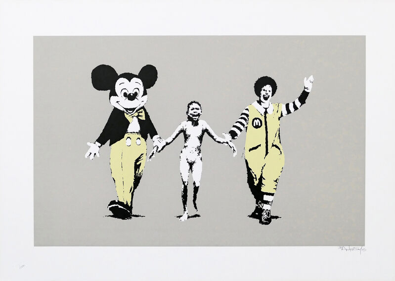A mouse mascot and clown hold the hands of a central child against grey.