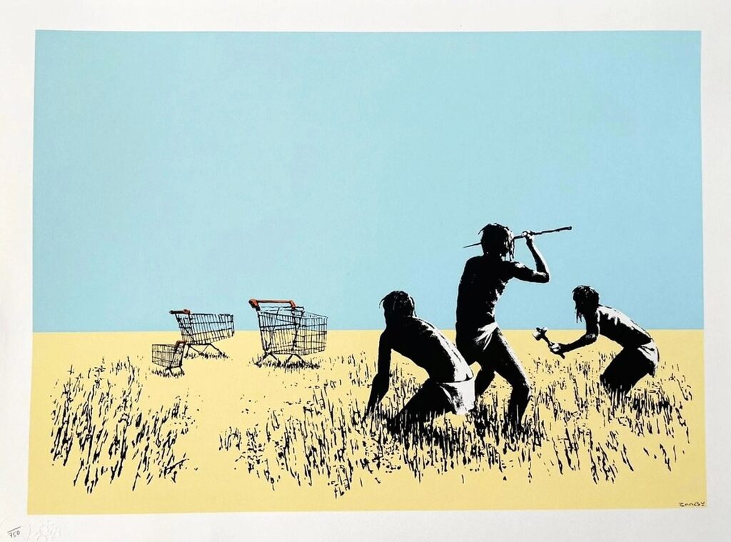 Three hunters face a group of shopping trolleys in a grassy landscape; one stands with a spear raised while the other two crouch nearby.
