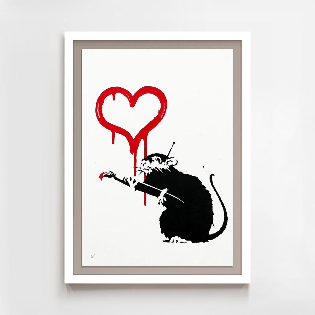 A red heart outline with descending lines appears above a black rat with white face markings and whiskers, tail curling right, holding a brush with red tip extended left.