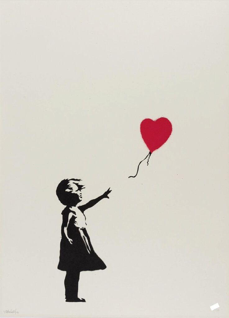A black-and-white girl stands with one arm outstretched; a red heart-shaped balloon floats above and to her right, its loose string clear of her hand.