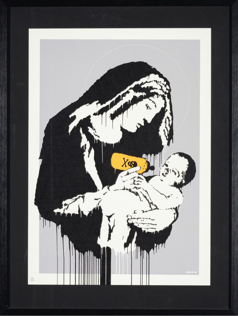 A large black hooded figure cradles a reclining white infant, while a small yellow bottle with a skull mark is held near the baby's mouth against a pale grey ground.