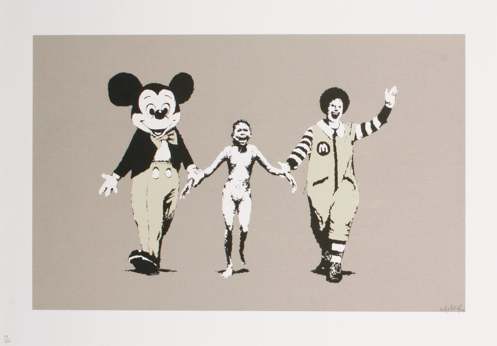 A mouse mascot and clown hold a central child’s hands against taupe.