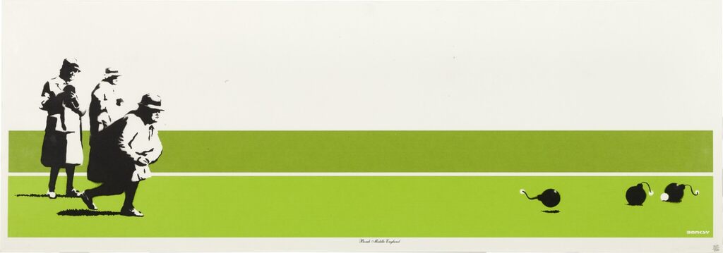 Wide image of black-and-white lawn-bowling figures and dark balls on two green horizontal bands.