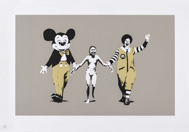 A mouse mascot and clown hold a central child’s hands against taupe.