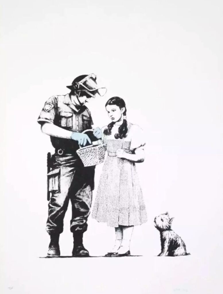 A uniformed helmeted figure examines a basket held by a girl in a dress, with a small dog beside her.