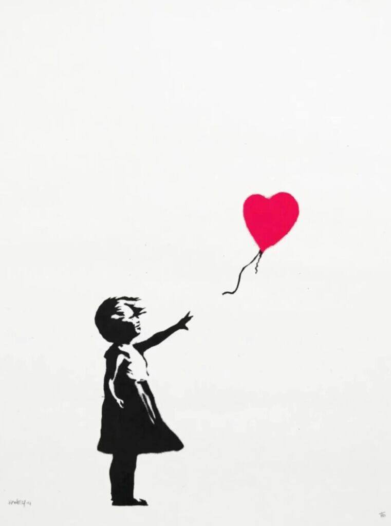 A black-and-white girl stands with one arm outstretched; a red heart-shaped balloon floats above and to her right, its loose string clear of her hand.