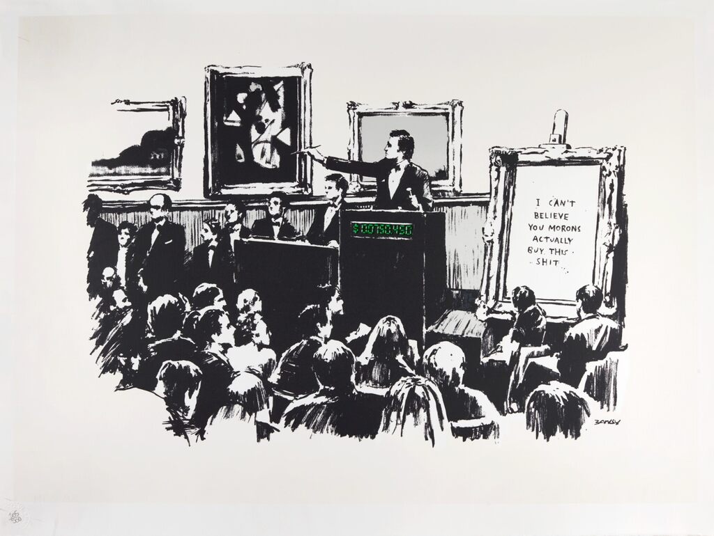 Black-and-white auctioneer, framed pictures and crowd on white.