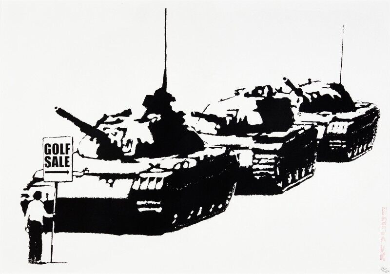 A figure holding a Golf Sale sign stands before a line of tanks on white.