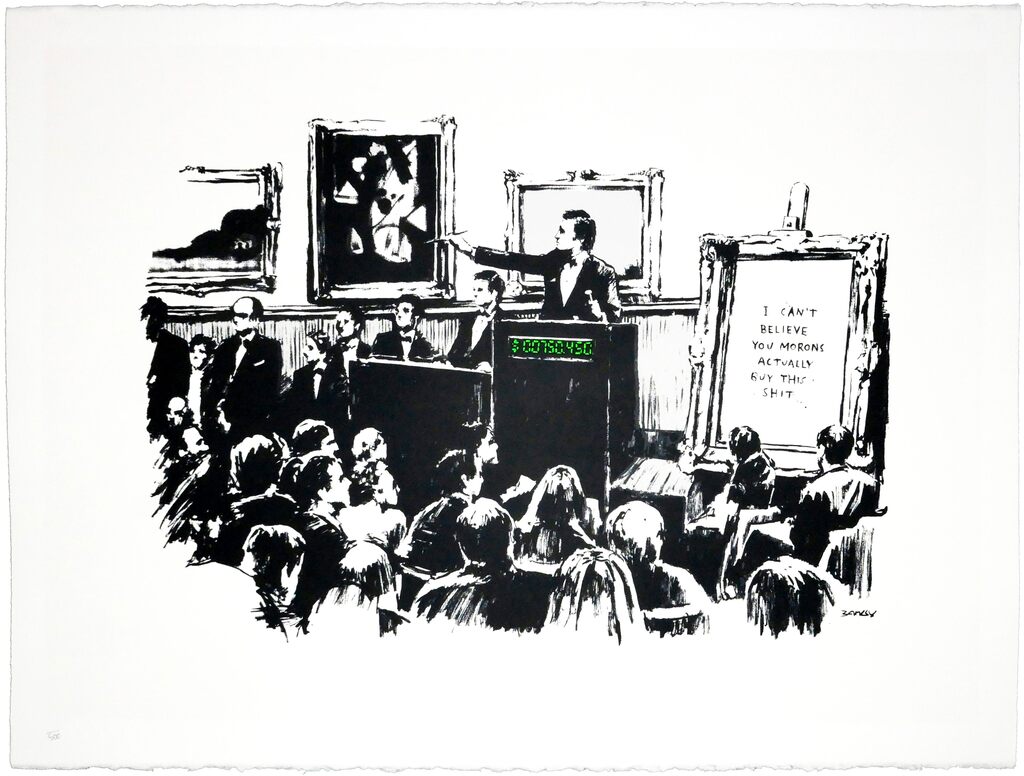 Black-and-white auction-room crowd and framed pictures with a small green text accent.