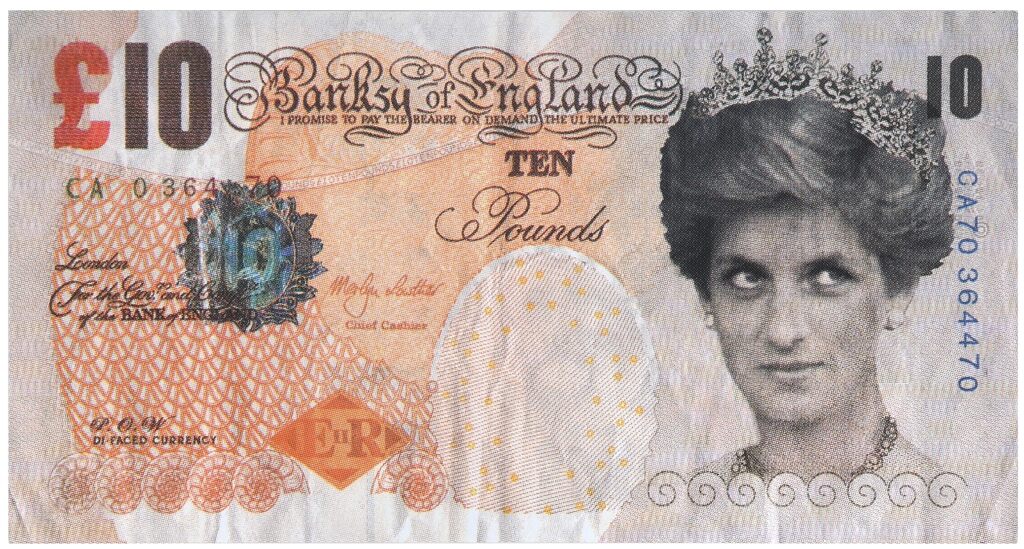A woman wearing a tiara, earrings, and a necklace appears beside £10 and ornate Banksy of England lettering on a cream and orange note.
