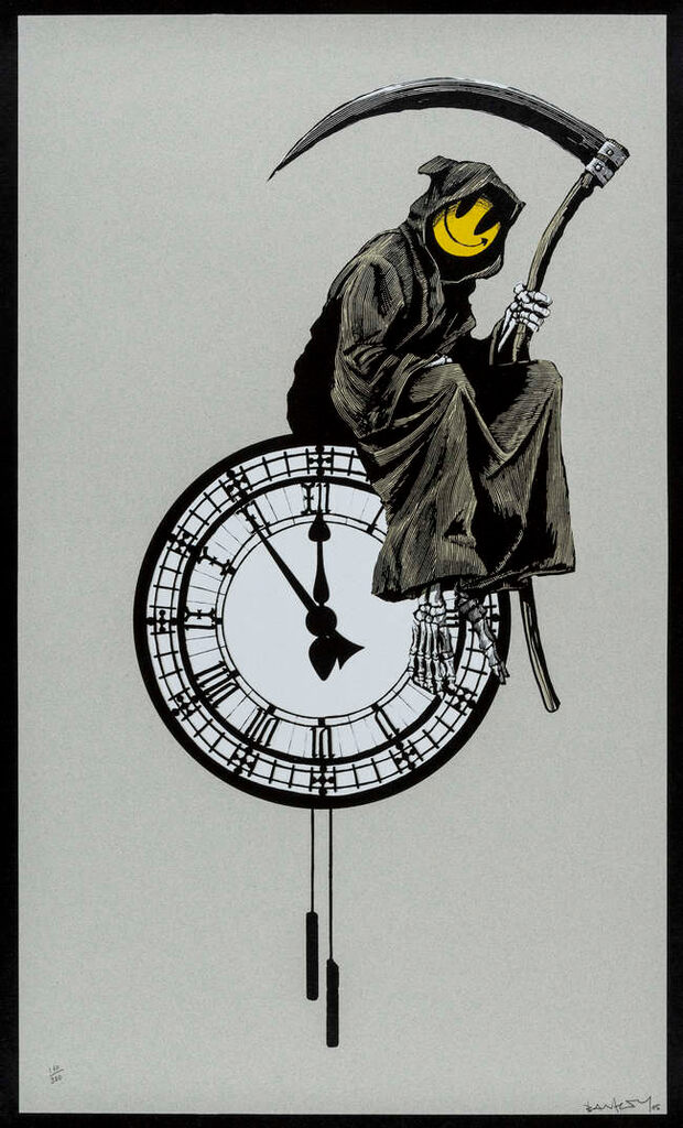 Hooded reaper with yellow smiley face holds a scythe while perched on a clock.